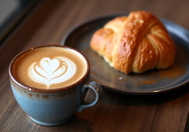 Steam rising from a latte next to a fresh almond croissant