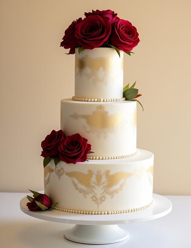 Three-tier white wedding cake with gold leaf and fresh crimson roses