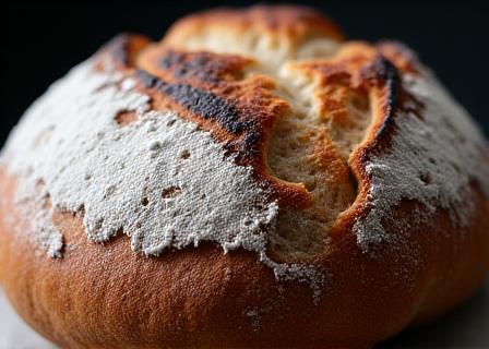 Close-up of a crusty sourdough boule with flour dusting